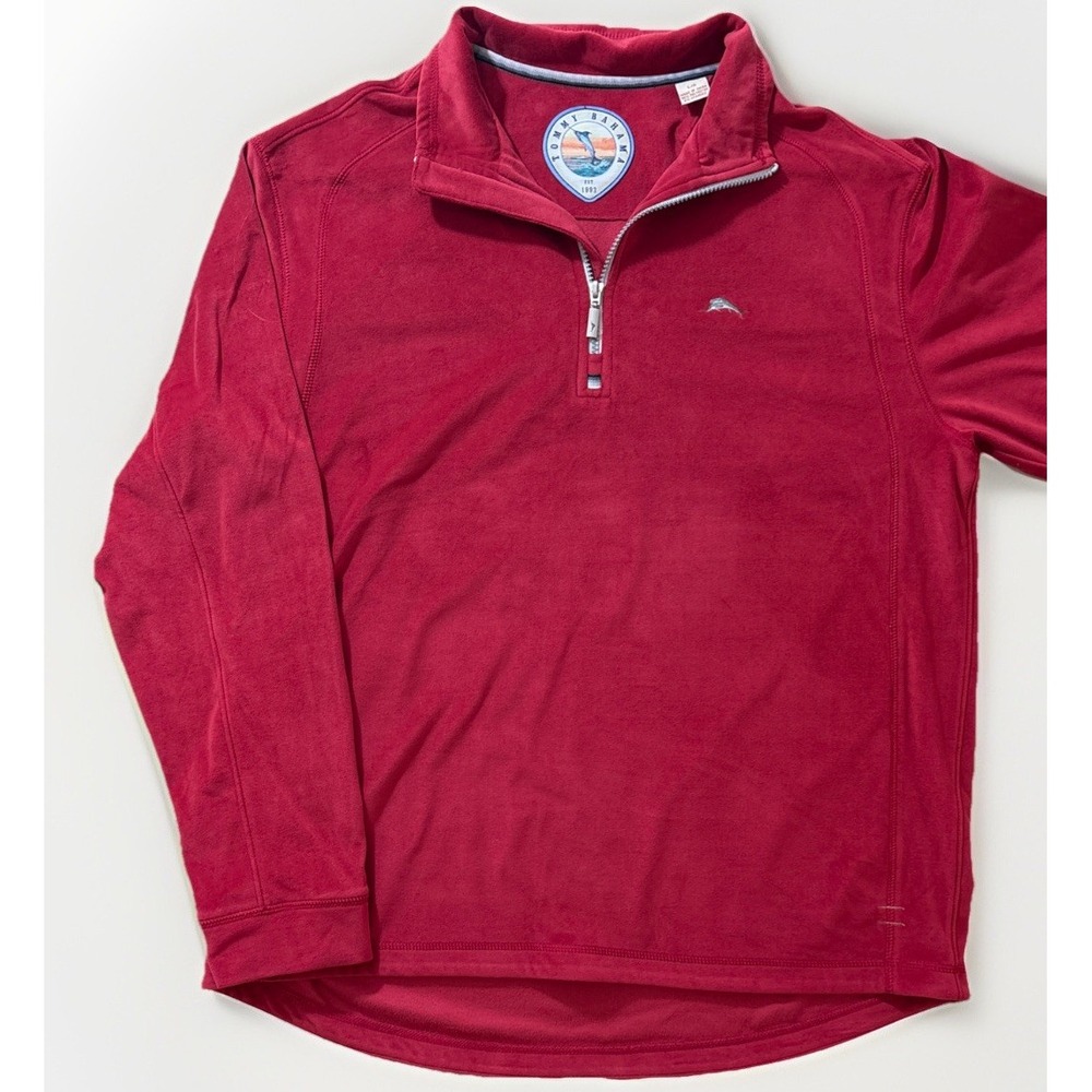 Tommy Bahama Men SzL Red 1/4 Zip Fleece Pullover Paradise Tech Marlin Embroidery